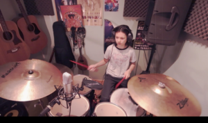 Young drummer, Miles Burdock plays along to The Trooper by Iron Maiden